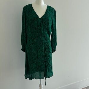 Parker Emerald Green V-Neck Ruched Long Sleeve Dress